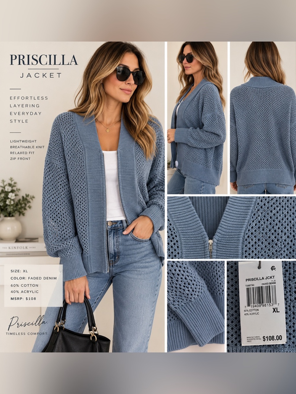 Three Dots Cotton Blue Open-Knit Zip Sweater